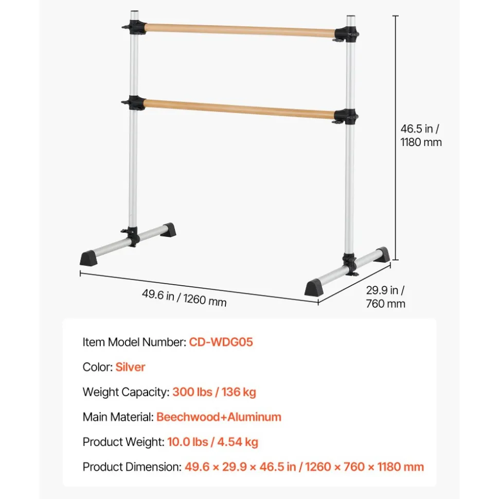 VEVOR Ballet Barre, 4 Ft Double Beechwood Barre Bar for Home, Freestanding Portable Ballet Stretching Dance Bars, Height Adjustable Anti-Wobble Fitness Gym Equipment, for Pilates Balance Workout