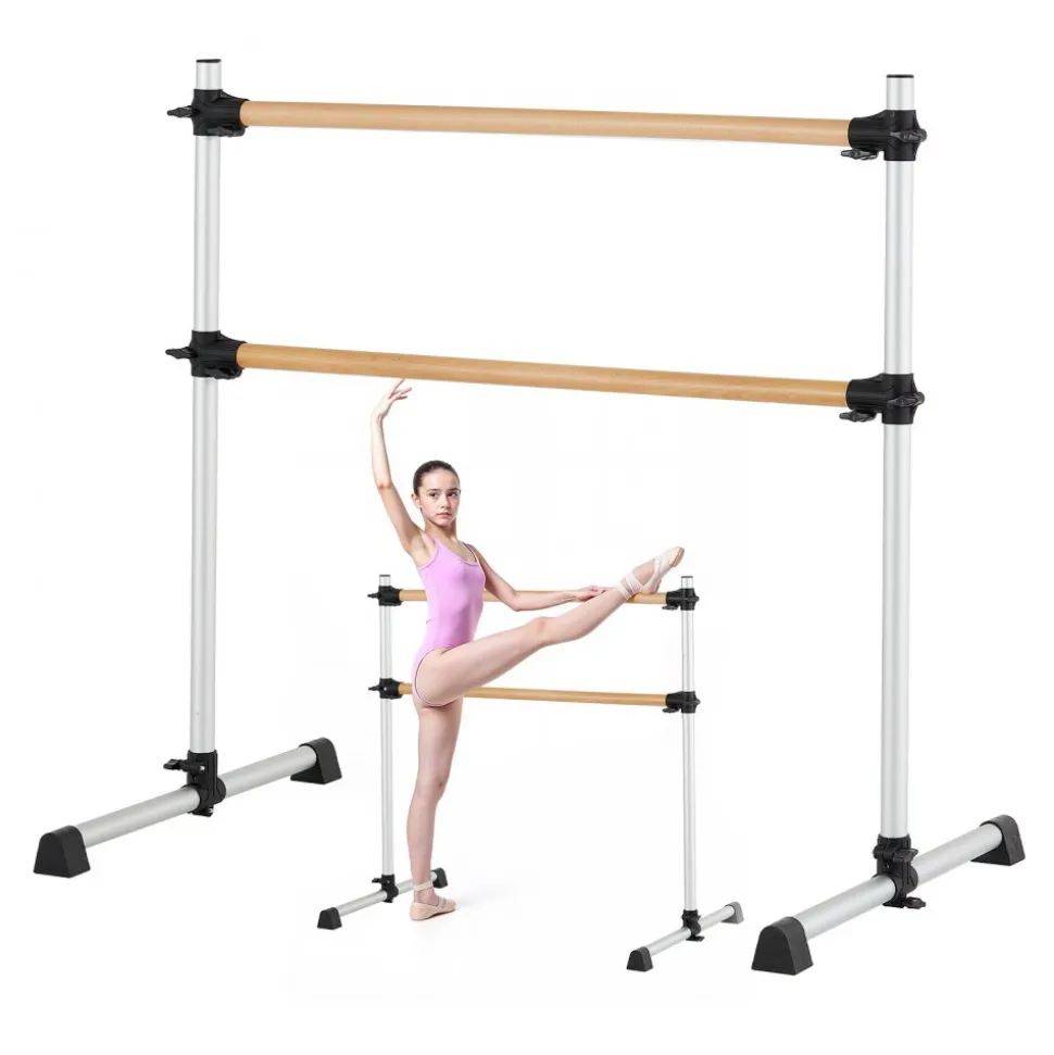 VEVOR Ballet Barre, 4 Ft Double Beechwood Barre Bar for Home, Freestanding Portable Ballet Stretching Dance Bars, Height Adjustable Anti-Wobble Fitness Gym Equipment, for Pilates Balance Workout