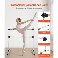 VEVOR Ballet Barre, 4 Ft Double Beechwood Barre Bar for Home, Freestanding Portable Ballet Stretching Dance Bars, Height Adjustable Anti-Wobble Fitness Gym Equipment, for Pilates Balance Workout
