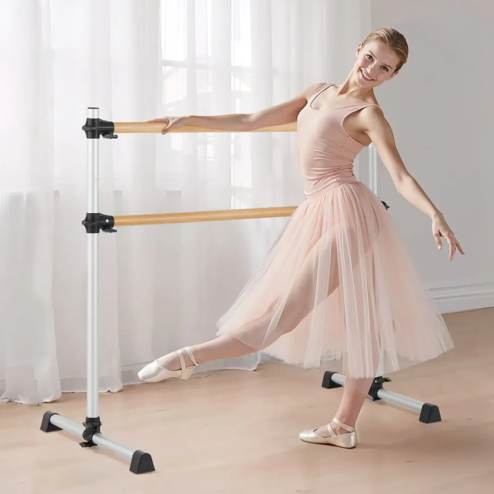 VEVOR Ballet Barre, 4 Ft Double Beechwood Barre Bar for Home, Freestanding Portable Ballet Stretching Dance Bars, Height Adjustable Anti-Wobble Fitness Gym Equipment, for Pilates Balance Workout