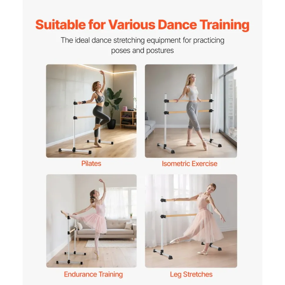 VEVOR Ballet Barre, 4 Ft Double Beechwood Barre Bar for Home, Freestanding Portable Ballet Stretching Dance Bars, Height Adjustable Anti-Wobble Fitness Gym Equipment, for Pilates Balance Workout