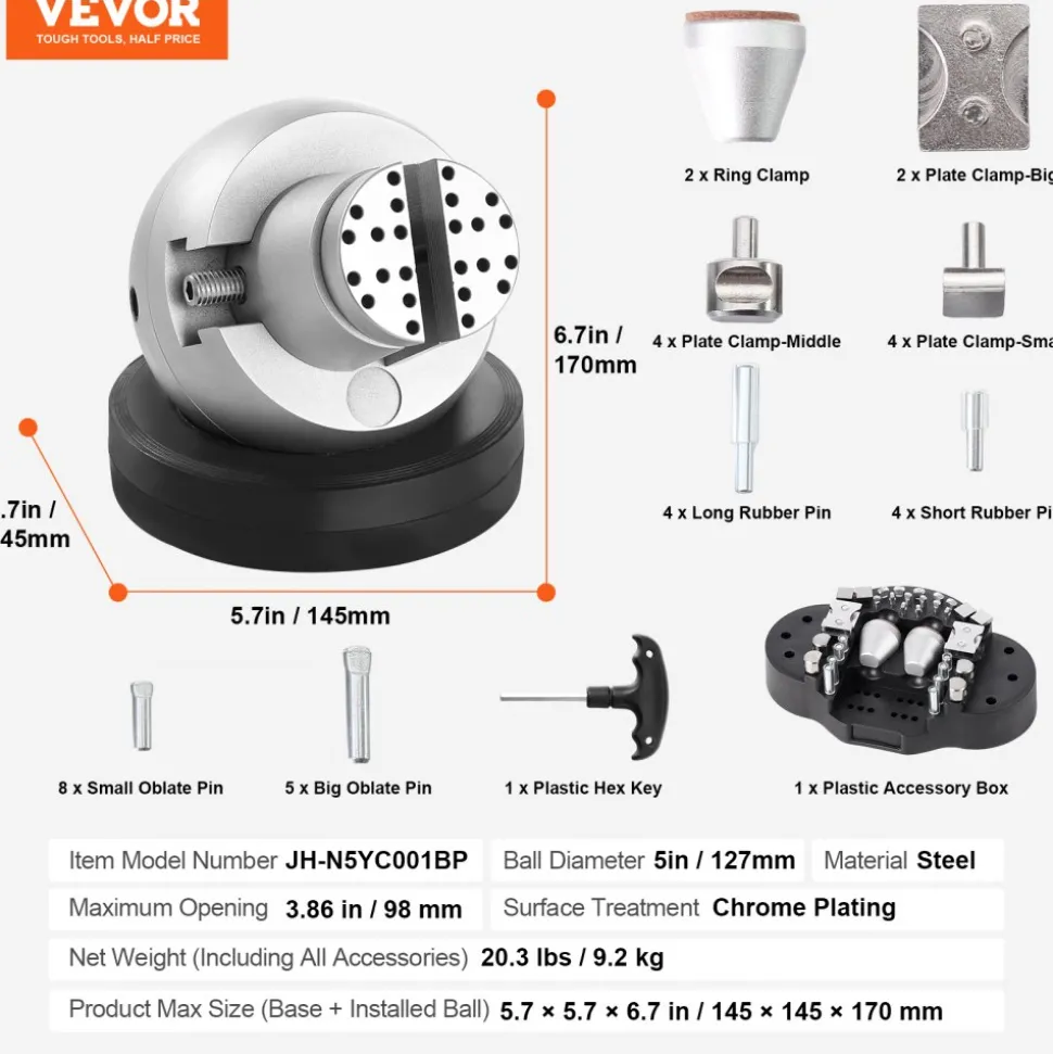 VEVOR Ball Vise, 5" Engraving Setting Tool, 360° Rotation Engraving Block Vise, 35 PCS Attachment Jewelry Engraving Block Tools Standard Block for Gemstone Inlay and Small-Scale Engraving