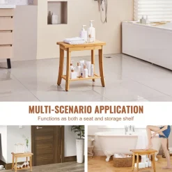 VEVOR Bamboo Shower Bench, 19.1 x 11.3 x 18.3 in, Waterproof Shower Stool Chair with Storage Shelf, 330lbs Load Capacity Spa Bath Seat Organizer, for Adults Seniors Women Elderly Indoor Outdoor