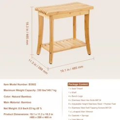 VEVOR Bamboo Shower Bench, 19.1 x 11.3 x 18.3 in, Waterproof Shower Stool Chair with Storage Shelf, 330lbs Load Capacity Spa Bath Seat Organizer, for Adults Seniors Women Elderly Indoor Outdoor