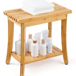 VEVOR Bamboo Shower Bench, 19.1 x 11.3 x 18.3 in, Waterproof Shower Stool Chair with Storage Shelf, 330lbs Load Capacity Spa Bath Seat Organizer, for Adults Seniors Women Elderly Indoor Outdoor