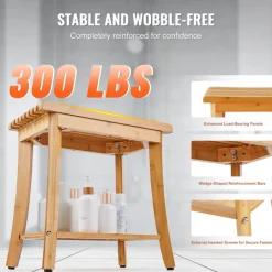 VEVOR Bamboo Shower Bench, 19.1 x 11.3 x 18.3 in, Waterproof Shower Stool Chair with Storage Shelf, 330lbs Load Capacity Spa Bath Seat Organizer, for Adults Seniors Women Elderly Indoor Outdoor