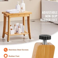 VEVOR Bamboo Shower Bench, 19.1 x 11.3 x 18.3 in, Waterproof Shower Stool Chair with Storage Shelf, 330lbs Load Capacity Spa Bath Seat Organizer, for Adults Seniors Women Elderly Indoor Outdoor