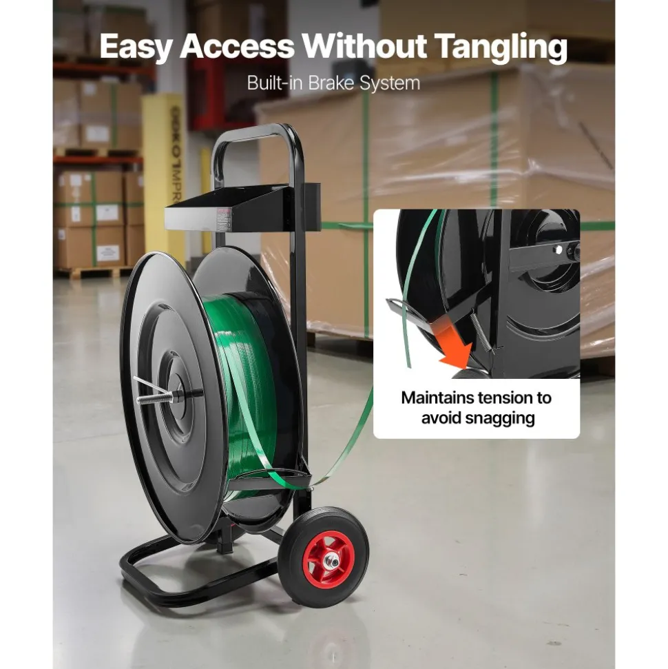 VEVOR Banding Strapping Cart, Fit for PET/PP/Polyester Strapping Coils with 8 or 16 in Core Size, Heavy Duty Strapping Dispenser Equipped with Upgrade Brake System, Built-in Spacious Tray for Tools