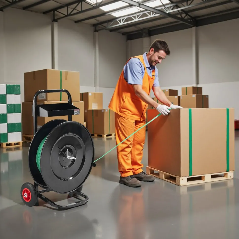 VEVOR Banding Strapping Cart, Fit for PET/PP/Polyester Strapping Coils with 8 or 16 in Core Size, Heavy Duty Strapping Dispenser Equipped with Upgrade Brake System, Built-in Spacious Tray for Tools