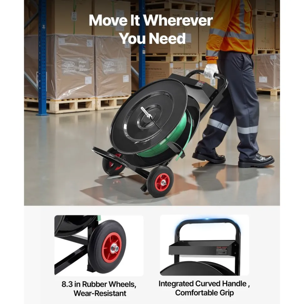 VEVOR Banding Strapping Cart, Fit for PET/PP/Polyester Strapping Coils with 8 or 16 in Core Size, Heavy Duty Strapping Dispenser Equipped with Upgrade Brake System, Built-in Spacious Tray for Tools