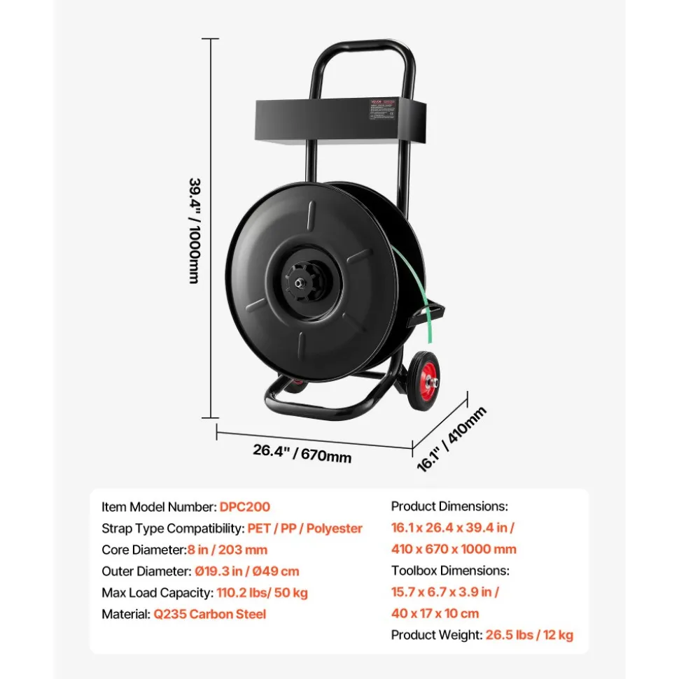 VEVOR Banding Strapping Cart, Fit for PET / PP / Polyester Strapping Coils with 8 inches Core Size, Heavy Duty Strapping Dispenser Equipped with Upgrade Brake System, Built-in Spacious Tray for Tools