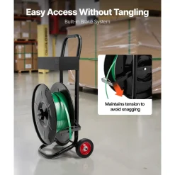 VEVOR Banding Strapping Cart, Fit for PET / PP / Polyester Strapping Coils with 8 inches Core Size, Heavy Duty Strapping Dispenser Equipped with Upgrade Brake System, Built-in Spacious Tray for Tools
