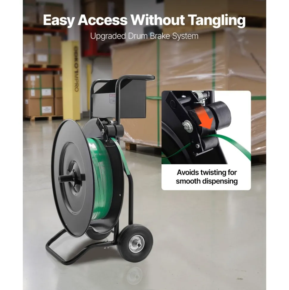 VEVOR Banding Strapping Cart, Fit for PET / PP / Steel Strap Coils with 8 or 16 inches Core Size, Heavy Duty Strapping Dispenser Equipped with Upgrade Drum Brake, Built-in Spacious Tray for Tools