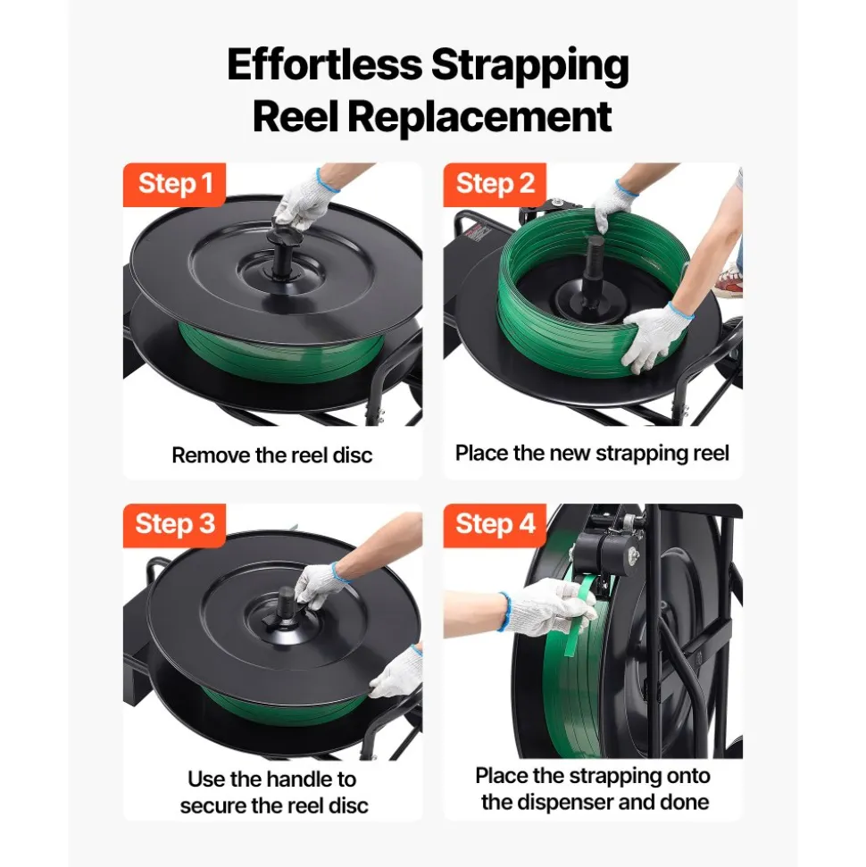 VEVOR Banding Strapping Cart, Fit for PET / PP / Steel Strap Coils with 8 or 16 inches Core Size, Heavy Duty Strapping Dispenser Equipped with Upgrade Drum Brake, Built-in Spacious Tray for Tools
