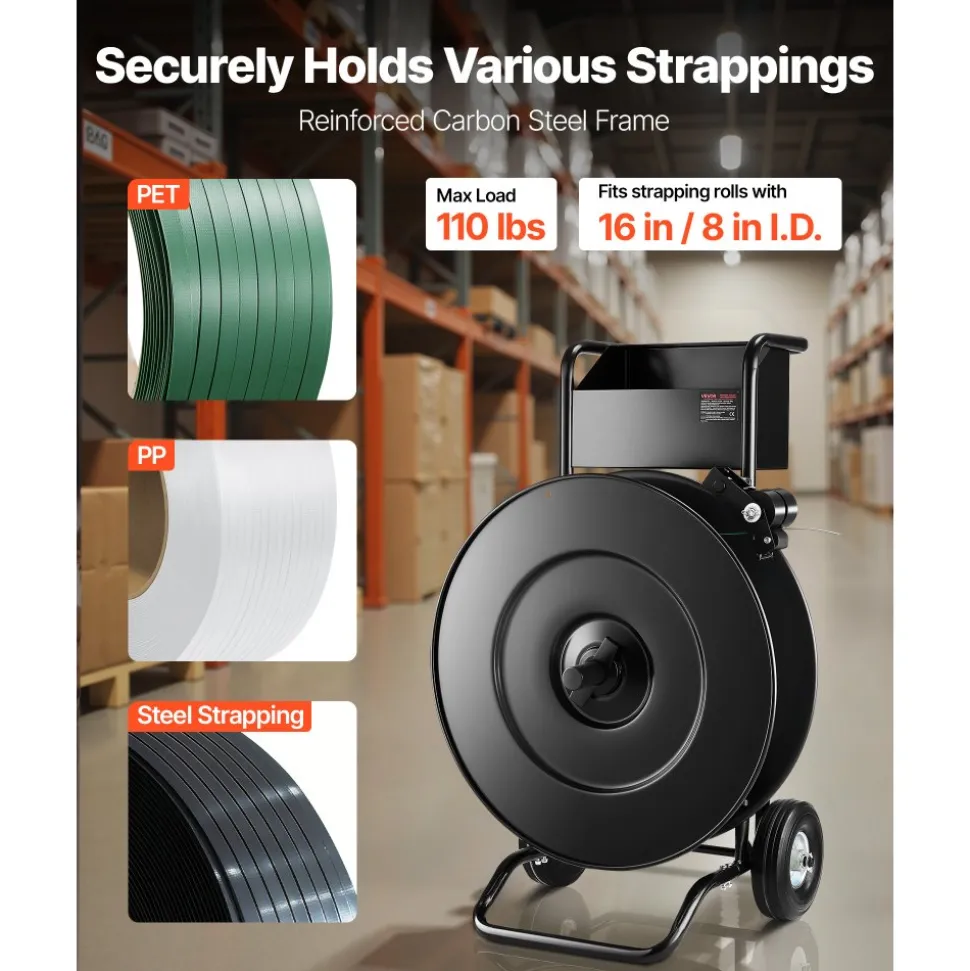 VEVOR Banding Strapping Cart, Fit for PET / PP / Steel Strap Coils with 8 or 16 inches Core Size, Heavy Duty Strapping Dispenser Equipped with Upgrade Drum Brake, Built-in Spacious Tray for Tools