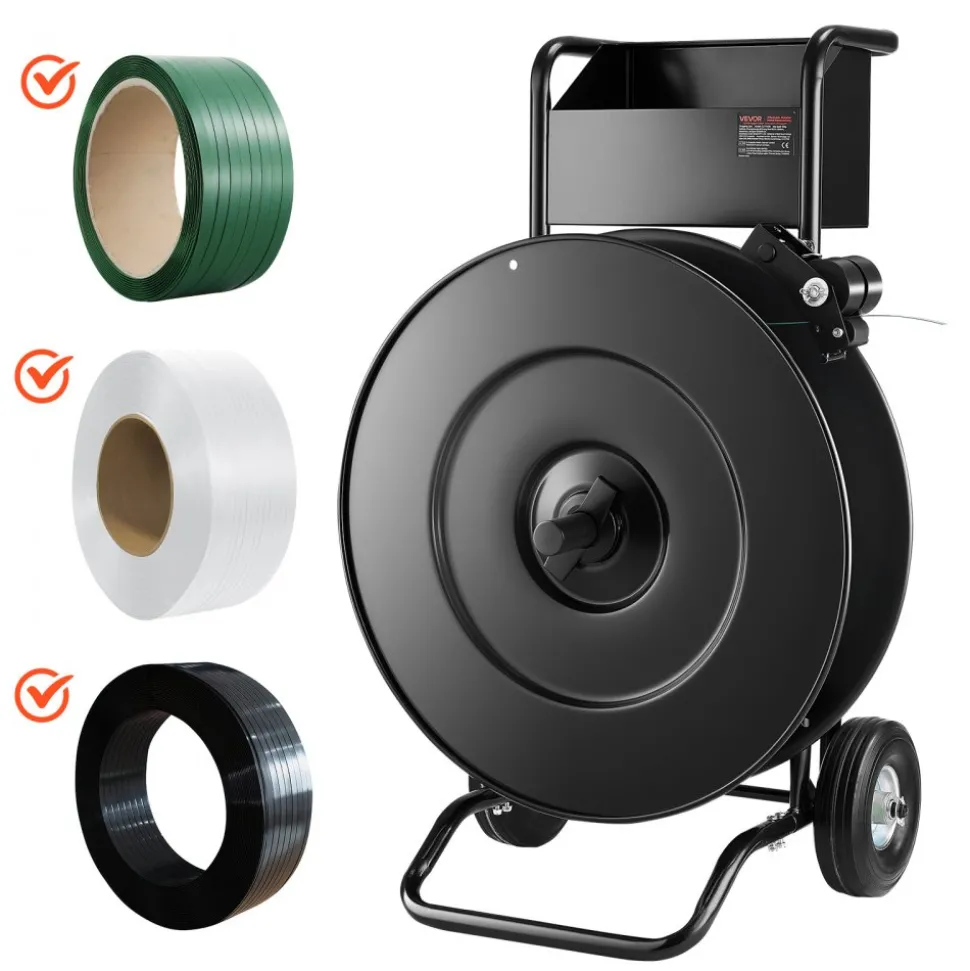 VEVOR Banding Strapping Cart, Fit for PET / PP / Steel Strap Coils with 8 or 16 inches Core Size, Heavy Duty Strapping Dispenser Equipped with Upgrade Drum Brake, Built-in Spacious Tray for Tools