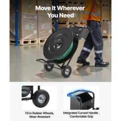 VEVOR Banding Strapping Cart, Fit for PET / PP / Steel Strap Coils with 8 or 16 inches Core Size, Heavy Duty Strapping Dispenser Equipped with Upgrade Drum Brake, Built-in Spacious Tray for Tools