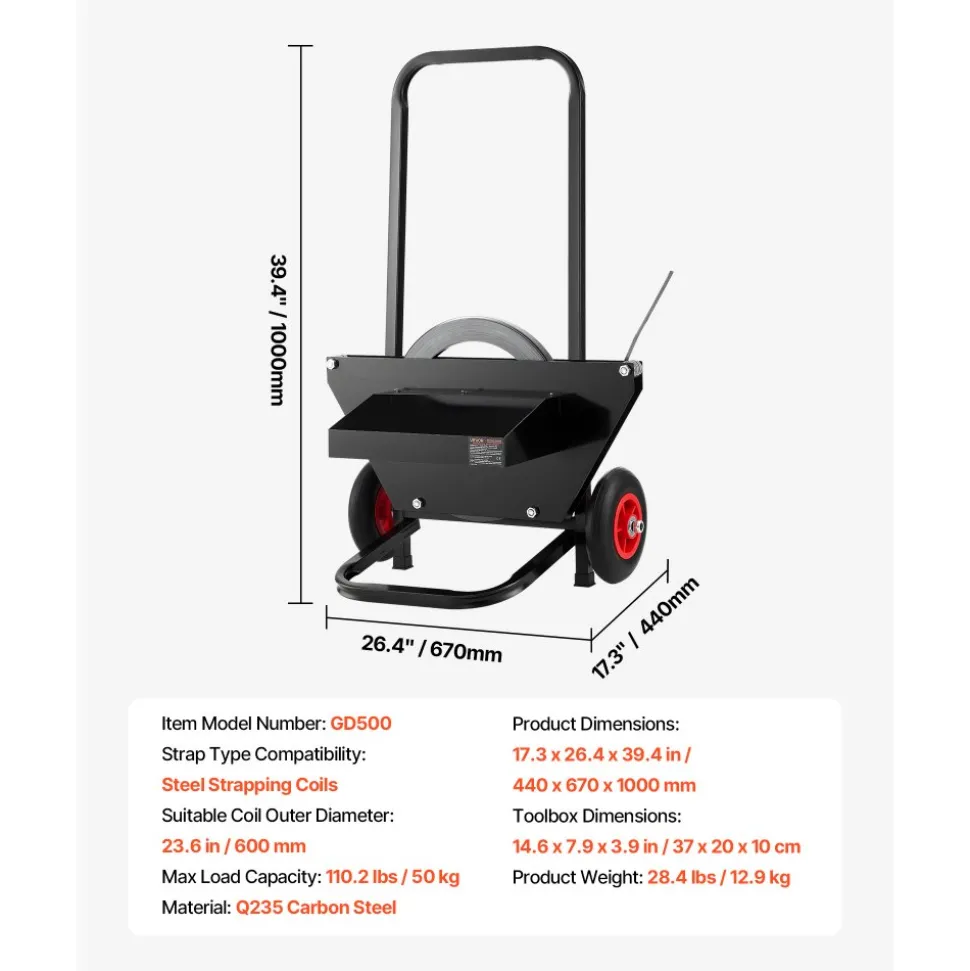 VEVOR Banding Strapping Cart, Fit for Steel Strapping Coils with 23.6 inches Core Outer Size, Heavy Duty Strapping Dispenser with Rubber Wheels, Suitable for Factory, Warehouse, Loading Area