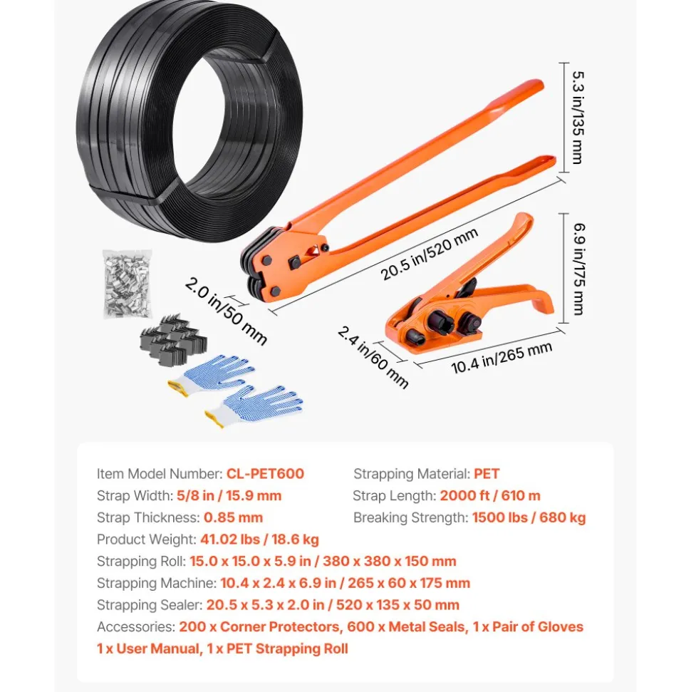 VEVOR Banding Strapping Kit, Heavy Duty Banding Sealer Tool with 2000 ft PET Band, 600 Metal Seals, 200 Corner Protectors, Plastic Pallet Packaging Strapping Kit for Warehouse, Transportation, Home