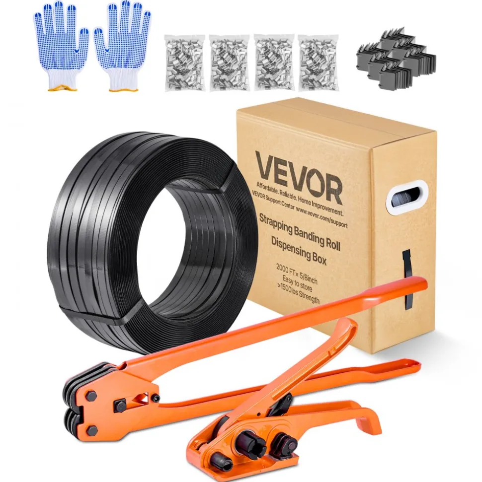 VEVOR Banding Strapping Kit, Heavy Duty Banding Sealer Tool with 2000 ft PET Band, 600 Metal Seals, 200 Corner Protectors, Plastic Pallet Packaging Strapping Kit for Warehouse, Transportation, Home