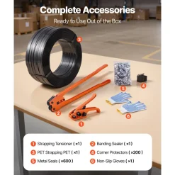 VEVOR Banding Strapping Kit, Heavy Duty Banding Sealer Tool with 2000 ft PET Band, 600 Metal Seals, 200 Corner Protectors, Plastic Pallet Packaging Strapping Kit for Warehouse, Transportation, Home