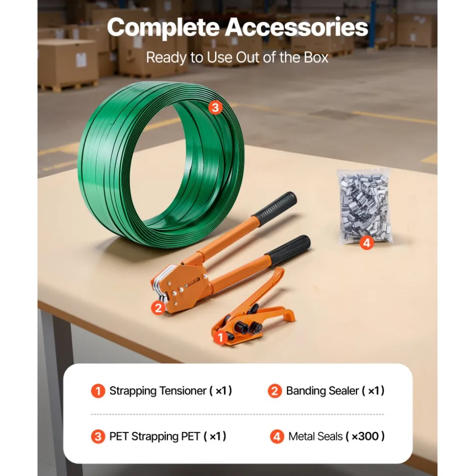 VEVOR Banding Strapping Kit, Heavy Duty Banding Sealer Tool with 1000 ft Length PET Band, 300 Metal Seals, Plastic Manual Pallet Packaging Strapping Kit for Warehouse/Shipping/Moving/Home, Orange