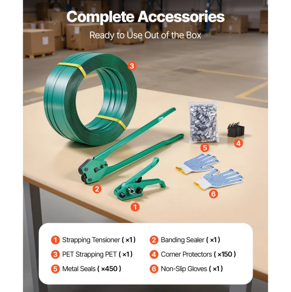 VEVOR Banding Strapping Kit, Heavy Duty Banding Sealer Tool with 1500 ft PET Band, 450 Metal Seals, 150 Corner Protectors & Gloves, Plastic Pallet Packaging Strapping Kit for Warehouse/Shipping/Moving