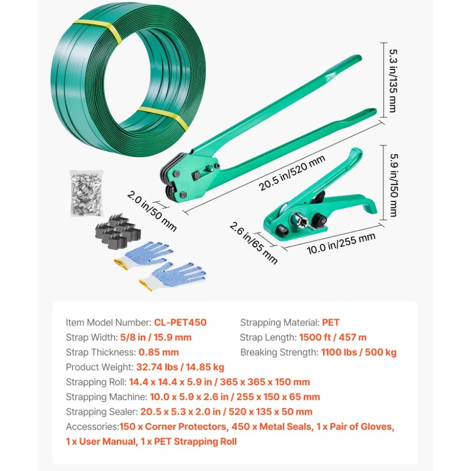 VEVOR Banding Strapping Kit, Heavy Duty Banding Sealer Tool with 1500 ft PET Band, 450 Metal Seals, 150 Corner Protectors & Gloves, Plastic Pallet Packaging Strapping Kit for Warehouse/Shipping/Moving