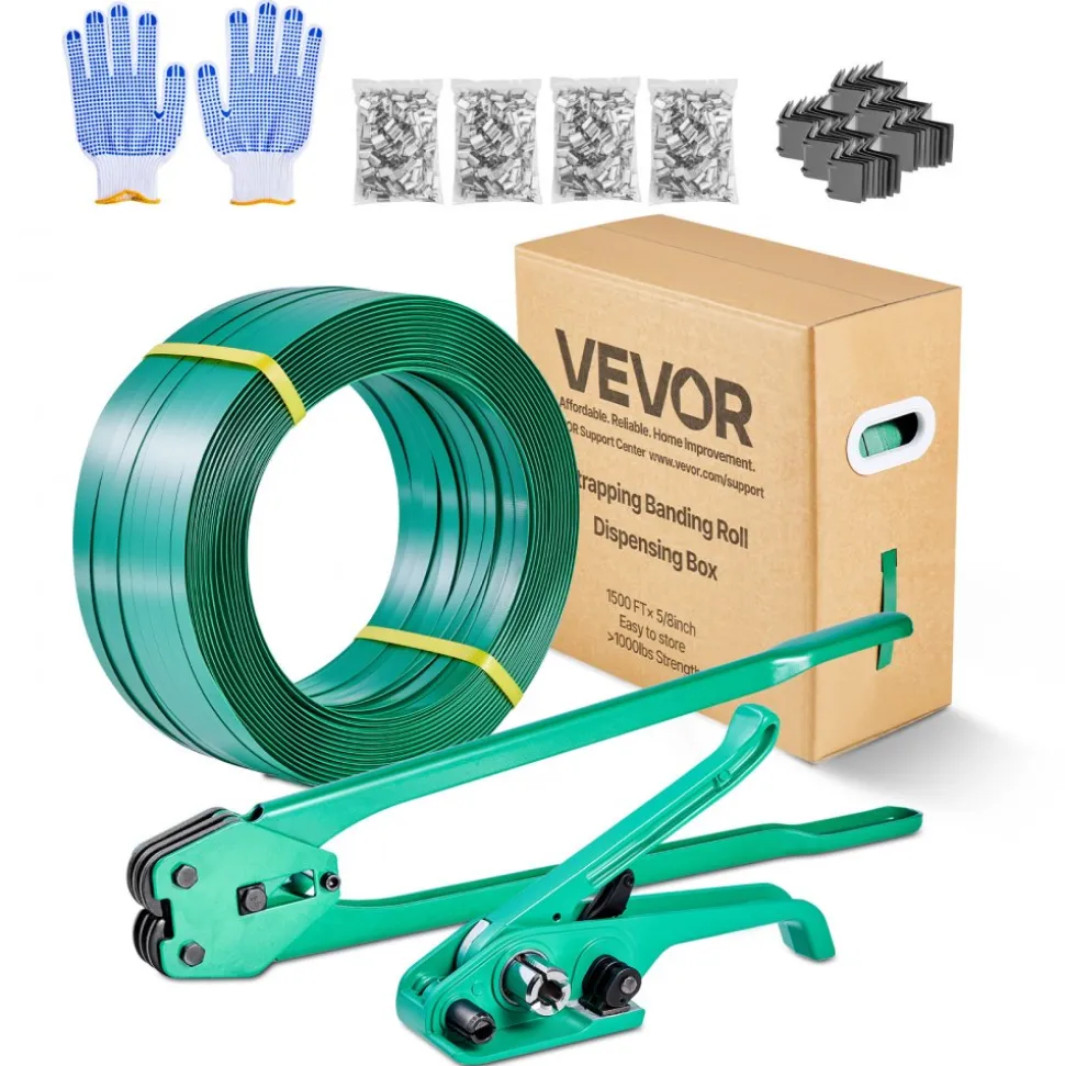 VEVOR Banding Strapping Kit, Heavy Duty Banding Sealer Tool with 1500 ft PET Band, 450 Metal Seals, 150 Corner Protectors & Gloves, Plastic Pallet Packaging Strapping Kit for Warehouse/Shipping/Moving
