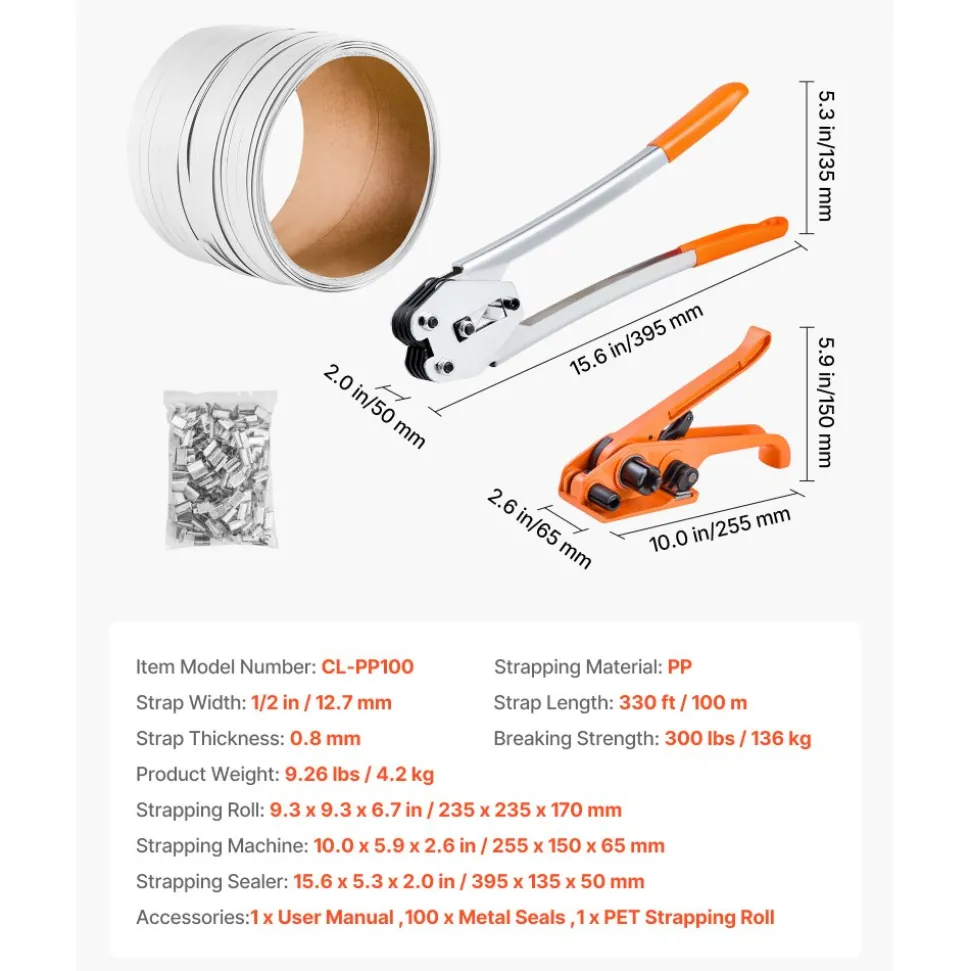 VEVOR Banding Strapping Kit, Heavy Duty Banding Sealer Tool with 3200 ft Length PP Band, 1000 Metal Seals, 50 Corner Protectors, Plastic Pallet Packaging Strapping Kit for Warehouse/Shipping/Moving