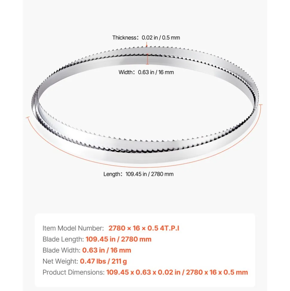 VEVOR Bandsaw Blade, 109.45 Inch Length, 4 TPI Band Saw Blade with 18 HRC Hardened Sharp Teeth, High-Strength Carbon Steel, 0.6 Inch Width, Replacement for Major Woodworking Band Saw Brands, 1 Pack