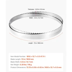 VEVOR Bandsaw Blade, 72 Inch Length, 4 TPI Band Saw Blade with 18 HRC Hardened Sharp Teeth, SK5 High-Strength Carbon Steel, 0.5 Inch Width, Replacement for Major Woodworking Band Saw Brands, 1 Pack