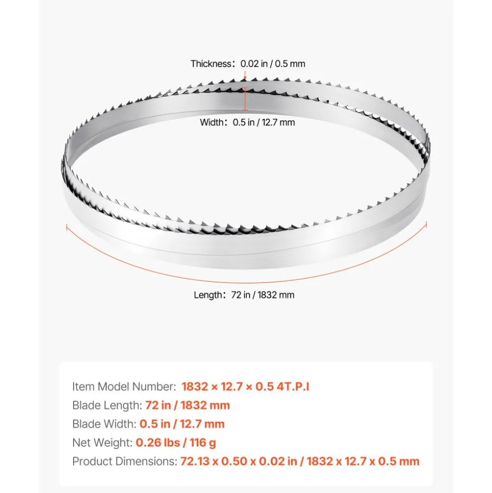 VEVOR Bandsaw Blade, 72 Inch Length, 4 TPI Band Saw Blade with 18 HRC Hardened Sharp Teeth, SK5 High-Strength Carbon Steel, 0.5 Inch Width, Replacement for Major Woodworking Band Saw Brands, 1 Pack