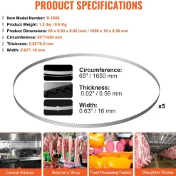 VEVOR Band Saw Blade, 65x0.63x0.02 inch, 5 PCS/Pack Meat Bandsaw Blades for Replacement, Carbon Steel Blade, Meat Cutting Blade Wrapped by Rust-Proof Paper, Fit for Commercial Bone Saw Machines