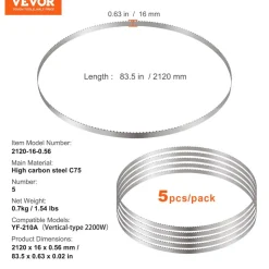 VEVOR Band Saw Blade, 83.5x0.63x0.02 inch, 5 PCS/Pack Meat Bandsaw Blades for Replacement, Carbon Steel Blade, Meat Cutting Blade Wrapped by Rust-Proof Paper, Fit for Commercial Bone Saw Machines