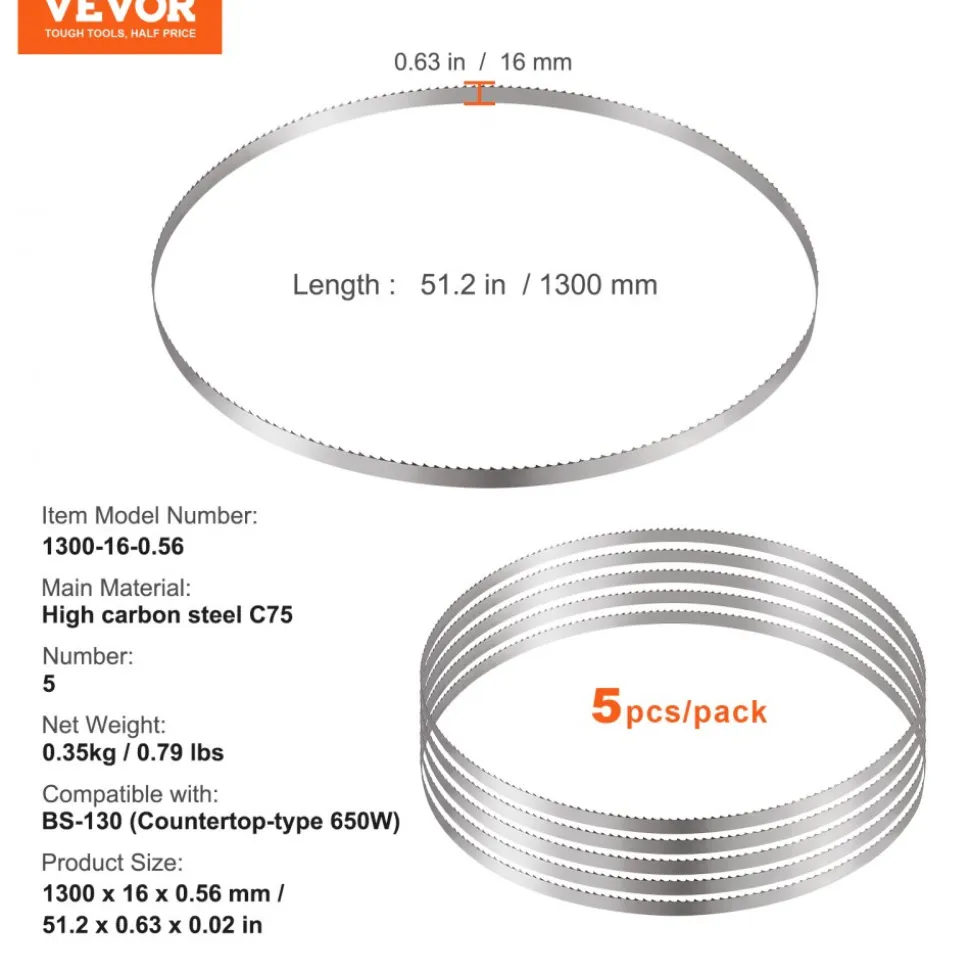 VEVOR Band Saw Blade, 51.2x0.63x0.02 inch, 5 PCS/Pack Meat Bandsaw Blades for Replacement, Carbon Steel Blade, Meat Cutting Blade Wrapped by Rust-Proof Paper, Fit for Commercial Bone Saw Machines