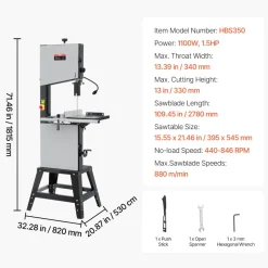 VEVOR Band Saw, 13.39-Inch, Benchtop Bandsaw with Stand, 440-846 RPM Continuously Viable Speed, 1100W 1-1/2HP, 110V, Optimized Work Light, and Miter Gauge, for Woodworking Aluminum Wood Metal Copper