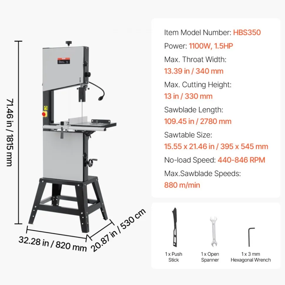 VEVOR Band Saw, 13.39-Inch, Benchtop Bandsaw with Stand, 440-846 RPM Continuously Viable Speed, 1100W 1-1/2HP, 110V, Optimized Work Light, and Miter Gauge, for Woodworking Aluminum Wood Metal Copper