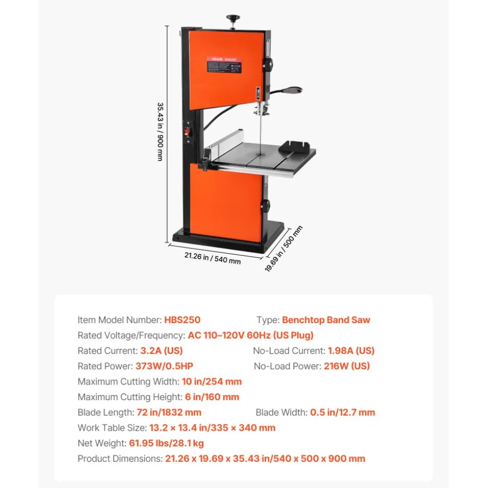VEVOR Band Saw, 10-Inch, Two-Speed Benchtop Bandsaw with 373W 1/2 HP Motor, 6 in Max Cutting Height, 13.2 x 13.4 in Cast Iron Table, with 360° Work Light, Miter Gauge, Fence, Band Saw for Woodworking