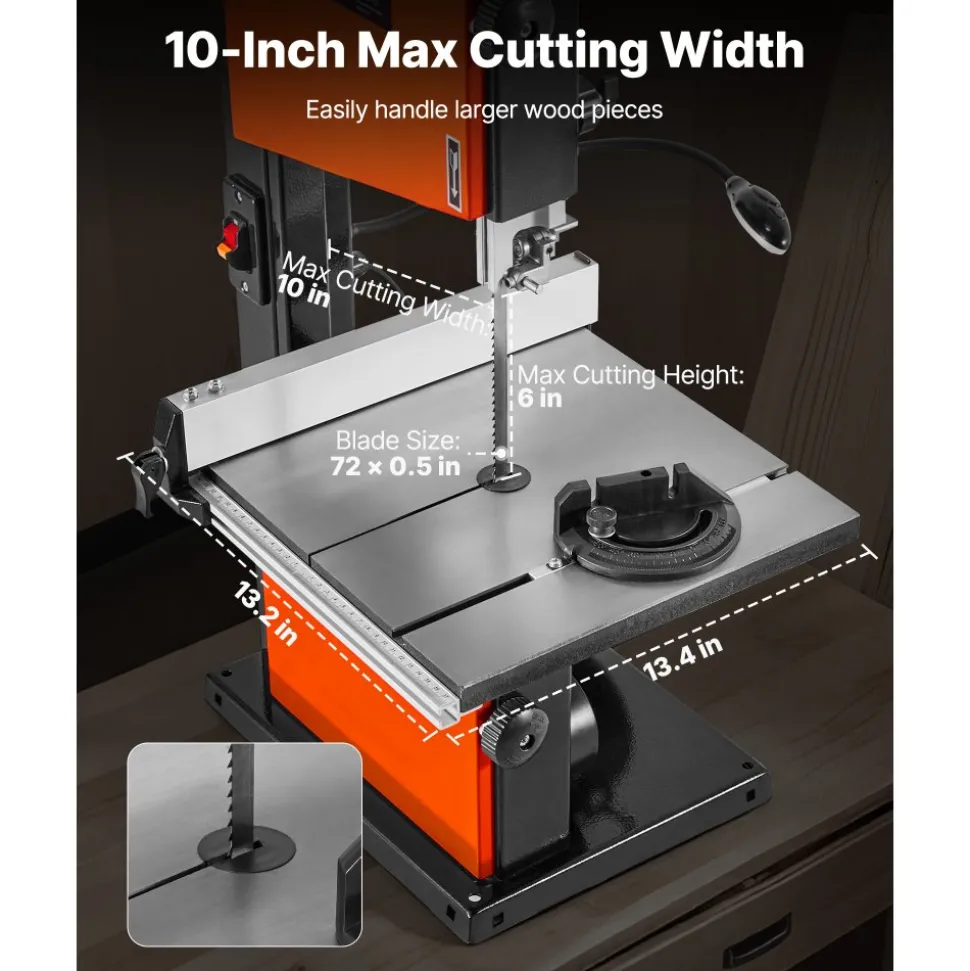 VEVOR Band Saw, 10-Inch, Two-Speed Benchtop Bandsaw with 373W 1/2 HP Motor, 6 in Max Cutting Height, 13.2 x 13.4 in Cast Iron Table, with 360° Work Light, Miter Gauge, Fence, Band Saw for Woodworking