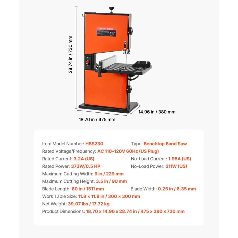 VEVOR Band Saw, 9-Inch, Woodworking Benchtop Bandsaw with 1/2 HP Motor, 3.5-Inch Max Cutting Height, 11.8 x 11.8 in Cast Aluminum Table, 0-45° Tilting Range, with Miter Gauge, Fence, for Woodworking
