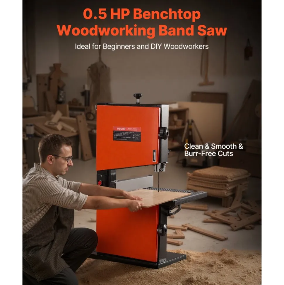 VEVOR Band Saw, 9-Inch, Woodworking Benchtop Bandsaw with 1/2 HP Motor, 3.5-Inch Max Cutting Height, 11.8 x 11.8 in Cast Aluminum Table, 0-45° Tilting Range, with Miter Gauge, Fence, for Woodworking