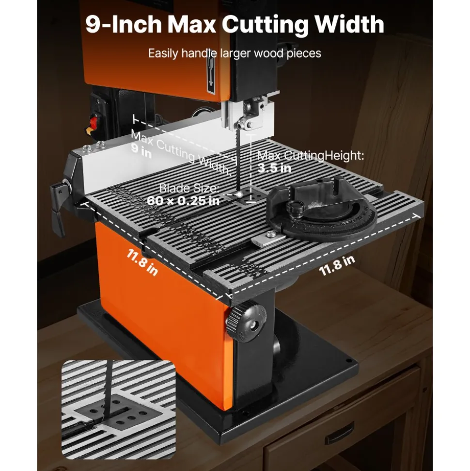 VEVOR Band Saw, 9-Inch, Woodworking Benchtop Bandsaw with 1/2 HP Motor, 3.5-Inch Max Cutting Height, 11.8 x 11.8 in Cast Aluminum Table, 0-45° Tilting Range, with Miter Gauge, Fence, for Woodworking