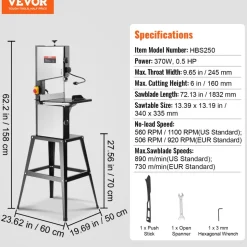 VEVOR Band Saw with Stand, 9.65-Inch, 560&1100 RPM Two-Speed Benchtop Bandsaw, 370W 1/2HP Motor 6'' Cutting Height 72.13'' Sawblade Length, with Fence and Miter Gauge, for Woodworking Aluminum Plastic