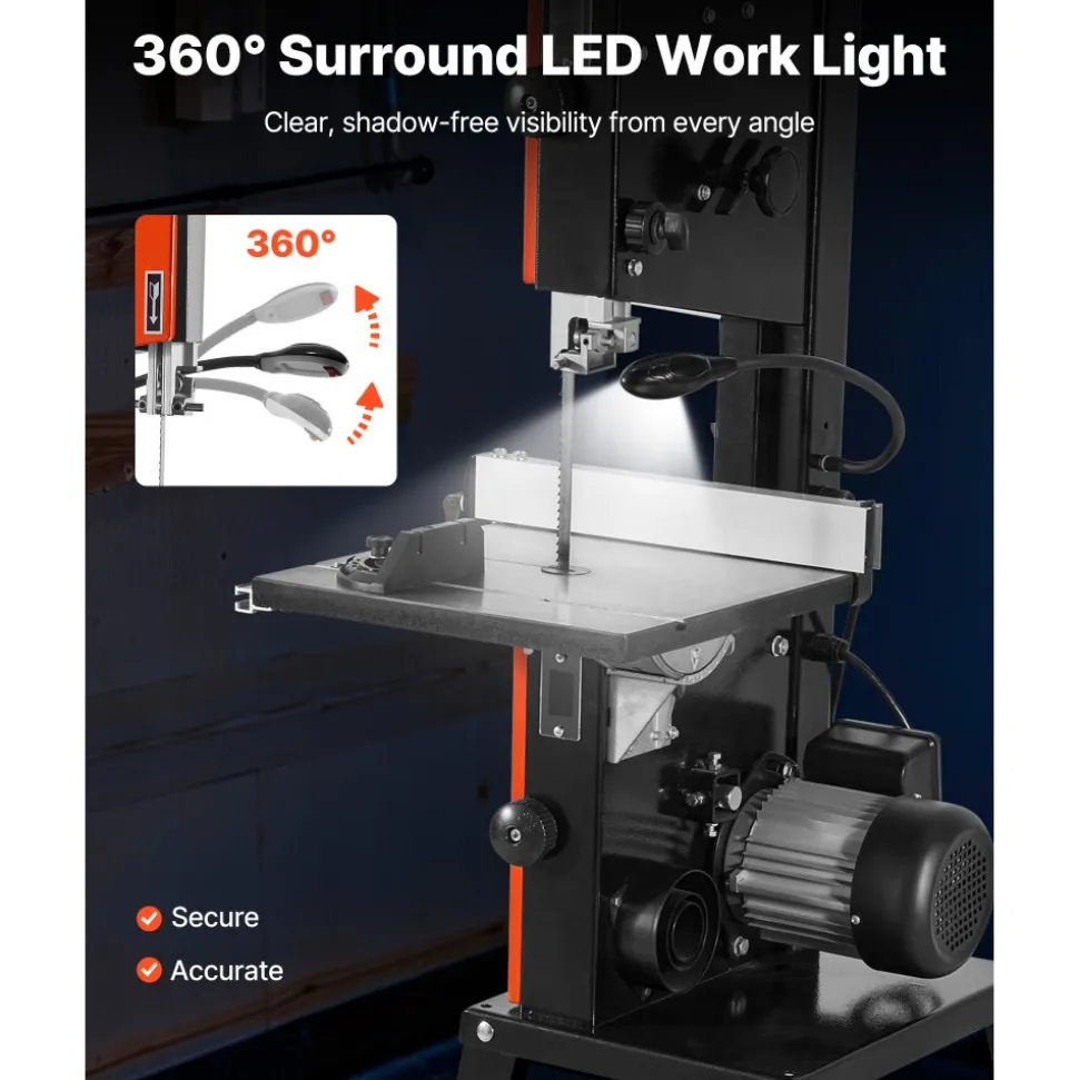 VEVOR Band Saw with Stand, 10-Inch, Two-Speed Benchtop Bandsaw, 373W 1/2 HP, 6 in Max Cutting Height, 13.2 x 13.4 in Cast Iron Table, with 360° Work Light, Miter Gauge, Fence, Band Saw for Woodworking