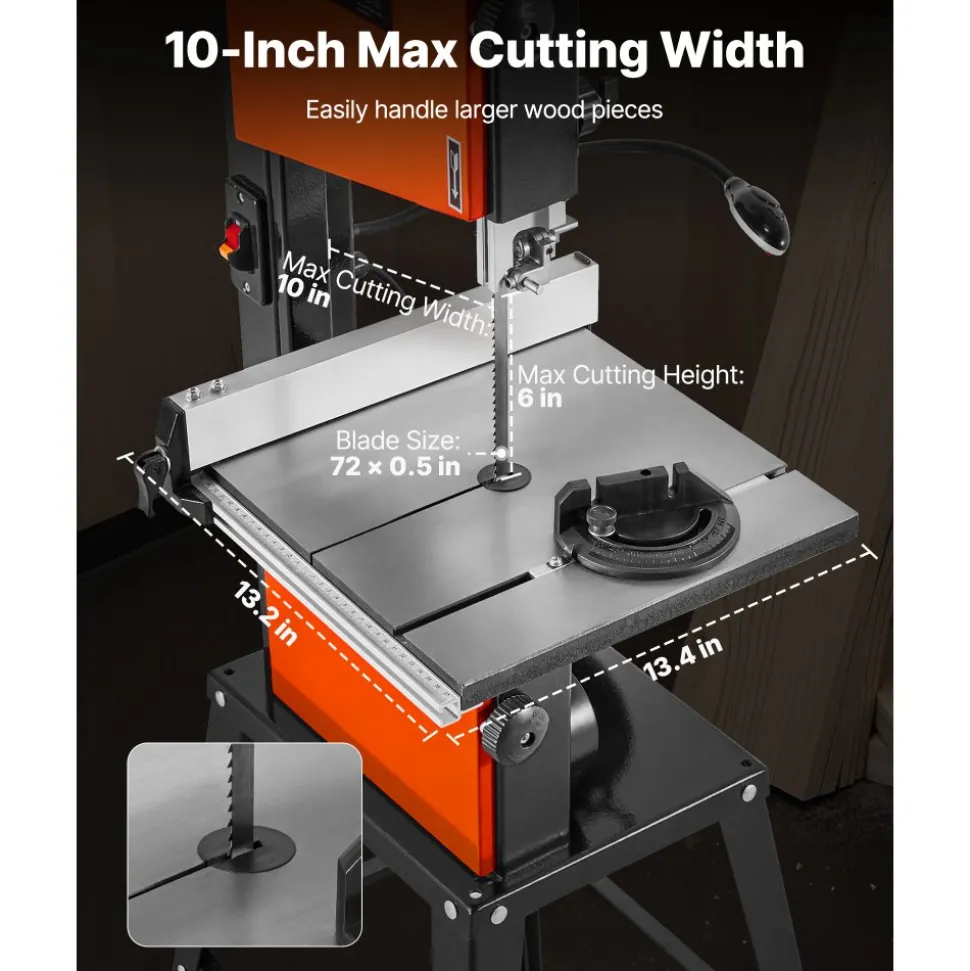 VEVOR Band Saw with Stand, 10-Inch, Two-Speed Benchtop Bandsaw, 373W 1/2 HP, 6 in Max Cutting Height, 13.2 x 13.4 in Cast Iron Table, with 360° Work Light, Miter Gauge, Fence, Band Saw for Woodworking