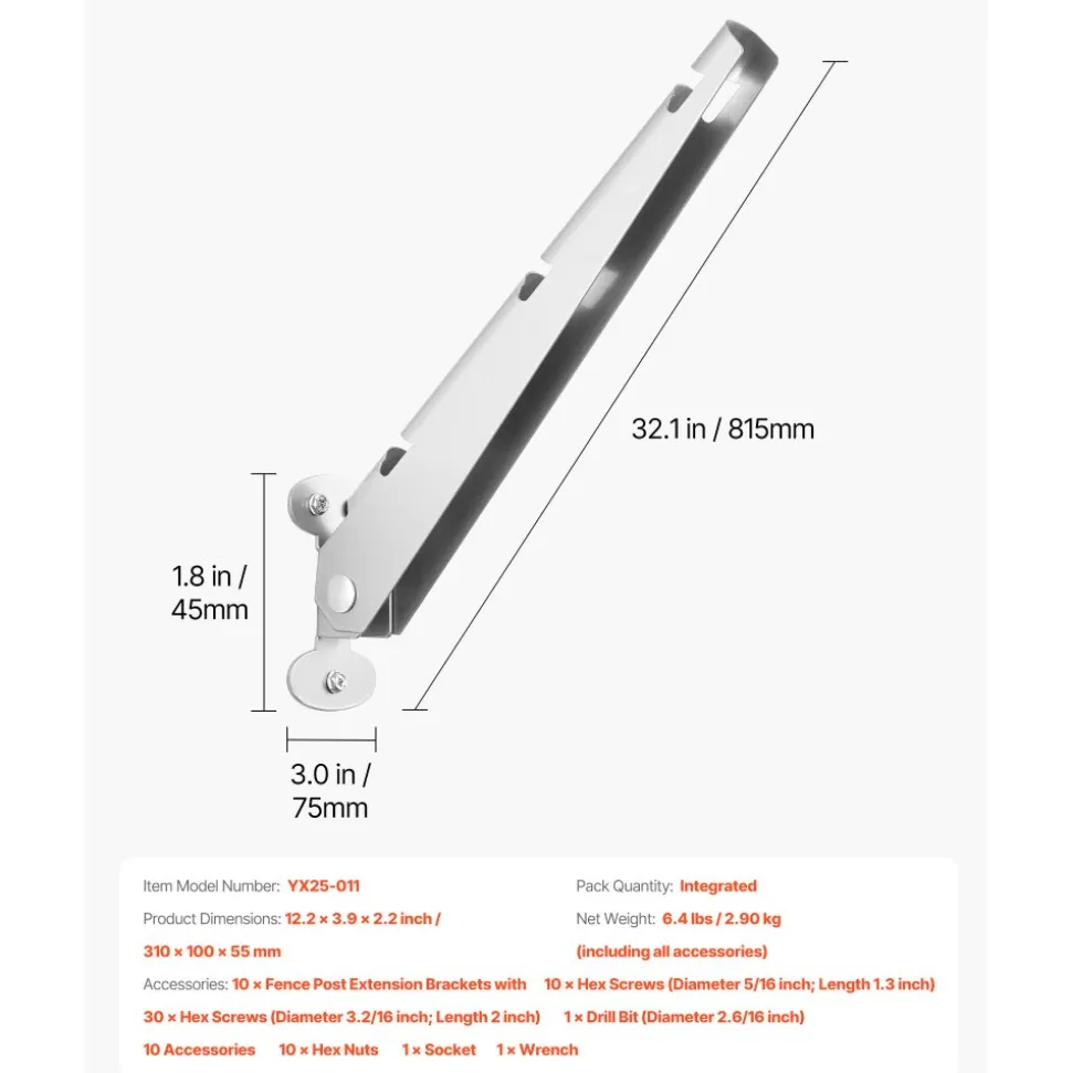 VEVOR Barbed Wire Arm, 10 Packs 12.2 in Fence Post Extender, Flat or Surface Mounted, Galvanized Steel Fence Height Extender, Protect Privacy and Prevent Pets Jumping Off, for Outdoor Wood Concrete Fences