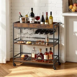 VEVOR Bar Cart, 3 Tiers Home Kitchen Serving Carts, Industrial Rolling Utility Station on Wheel, Mobile Drink Beverage Shelf with Wine Rack & Glass Holder, 20.08x11.02x33.07 in, Rustic Brown and Black
