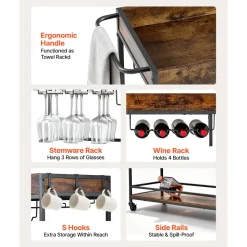 VEVOR Bar Cart, 3 Tiers Home Kitchen Serving Carts, Industrial Rolling Utility Station on Wheel, Mobile Drink Beverage Shelf with Wine Rack & Glass Holder, 34.64x14.17x32.68 in, Rustic Brown and Black
