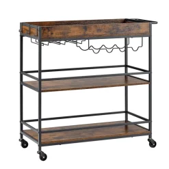 VEVOR Bar Cart, 3 Tiers Home Kitchen Serving Carts, Industrial Rolling Utility Station on Wheel, Mobile Drink Beverage Shelf with Wine Rack & Glass Holder, 34.64x14.17x32.68 in, Rustic Brown and Black
